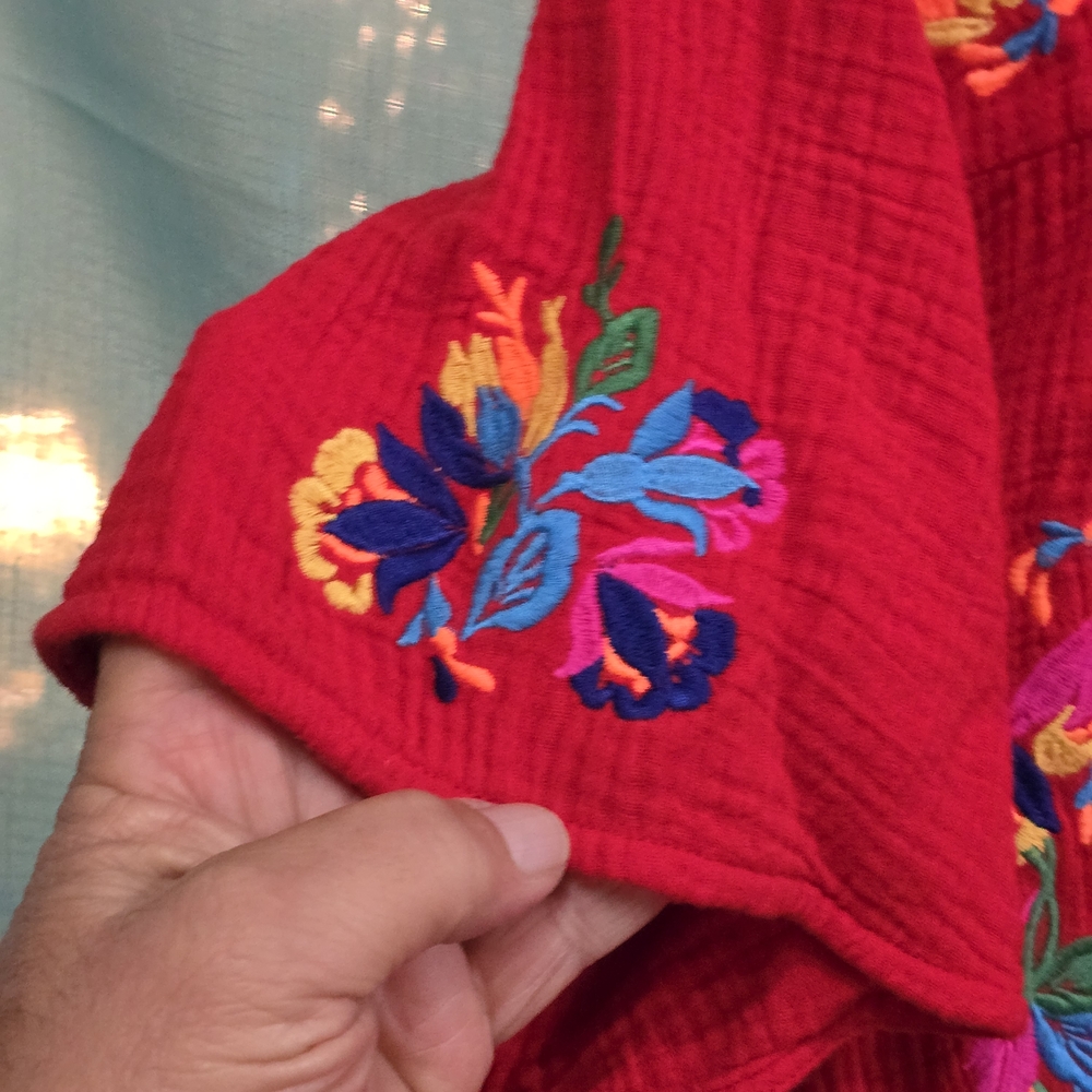 See and Be Seen Red Dress W/Embroidered Colorful Flowers W/Pockets EUC - Picture 3 of 10